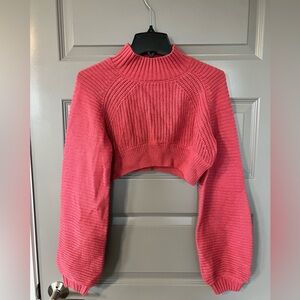 Cropped Mock Turtleneck Ribbed Knit Sweater with Ballon Sleeves Size Medium